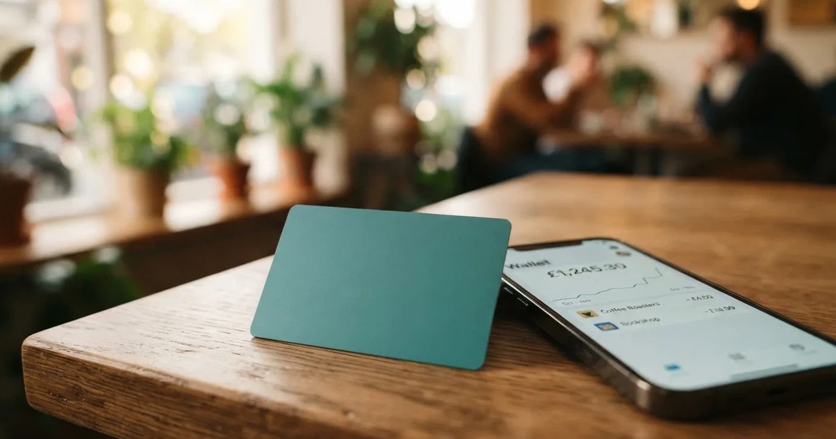 A payment card next to a phone with a crypto wallet app open