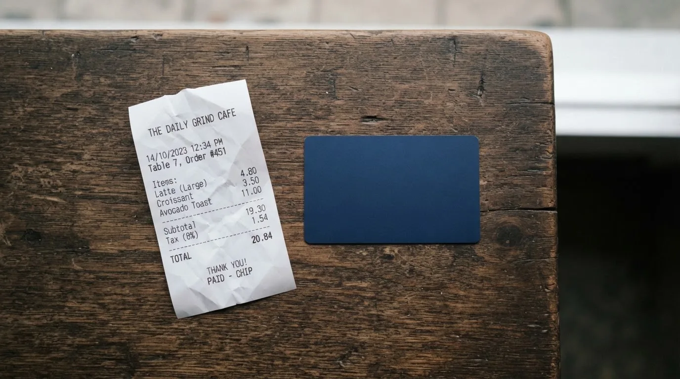 A receipt and a card on a café table