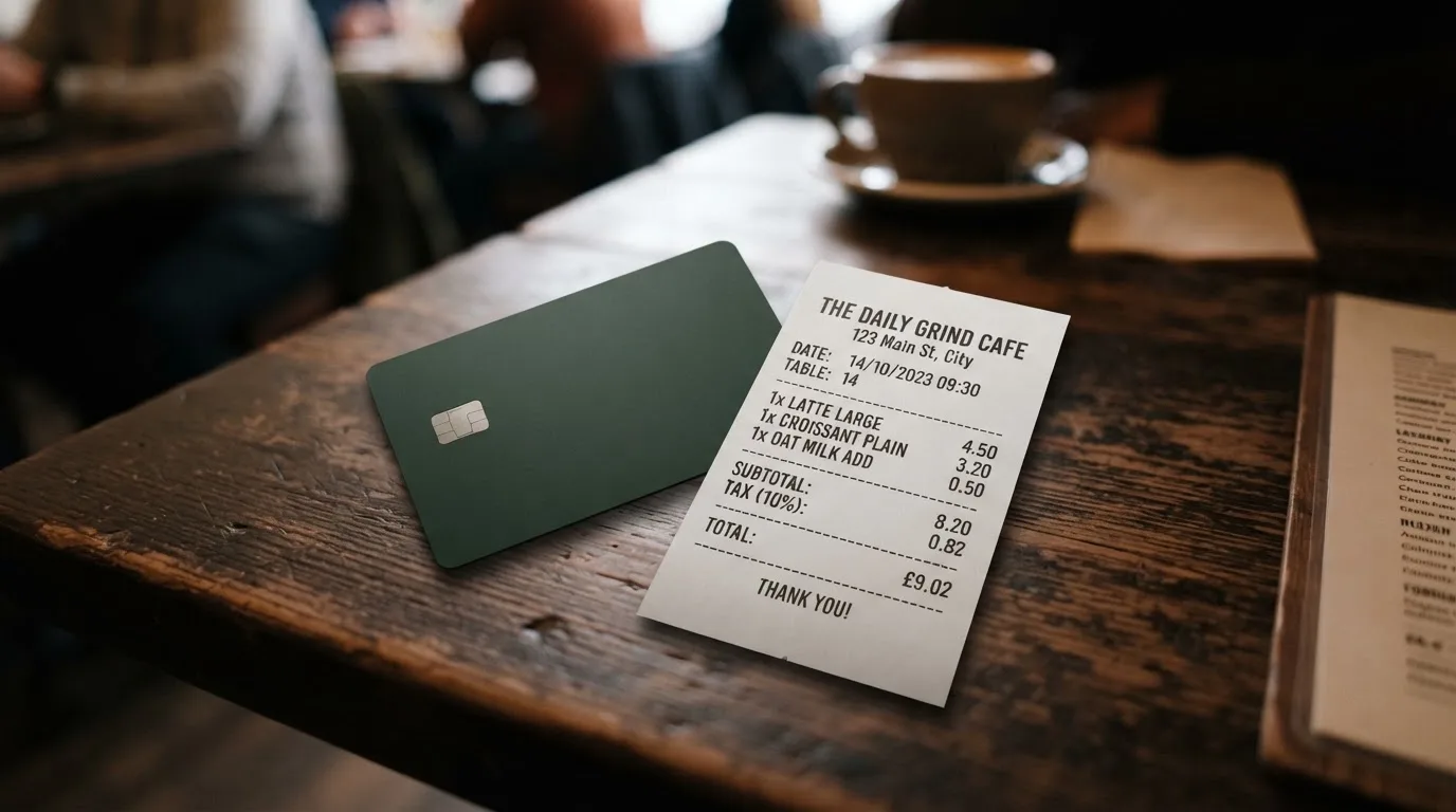 A receipt and a card on a café table
