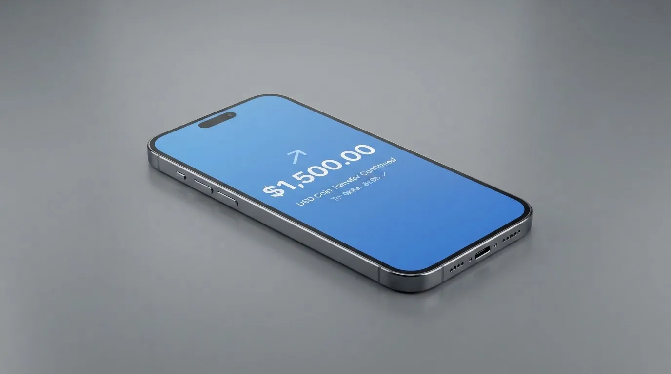 A phone showing a stablecoin transfer screen