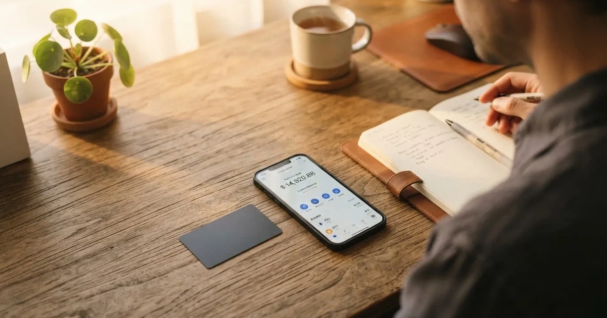 A payment card next to a phone with a crypto wallet app open