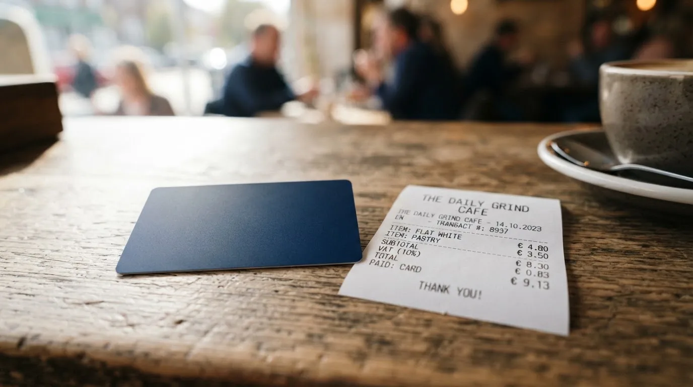 A receipt and a card on a café table