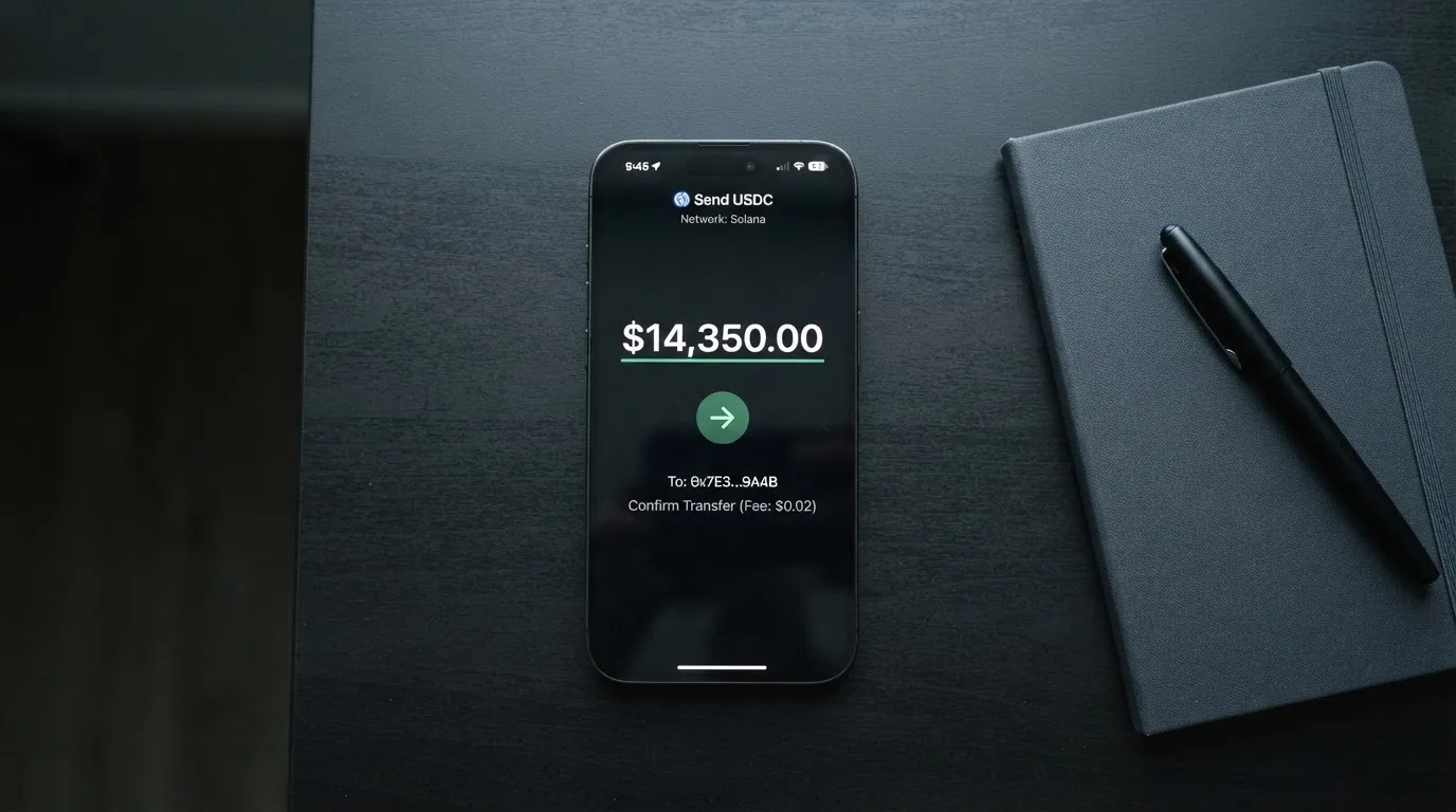 A phone showing a stablecoin transfer screen