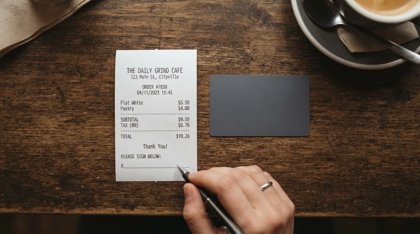 A receipt and a card on a café table