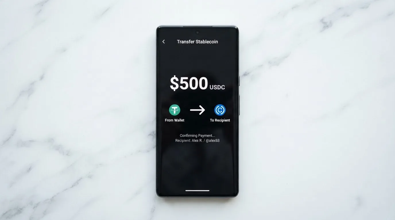 A phone showing a stablecoin transfer screen