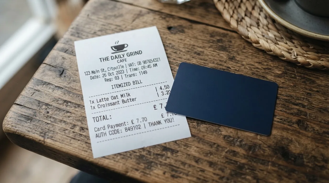 A receipt and a card on a café table