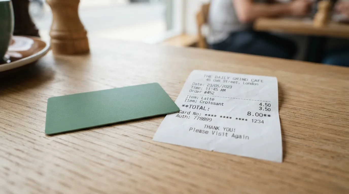 A receipt and a card on a café table