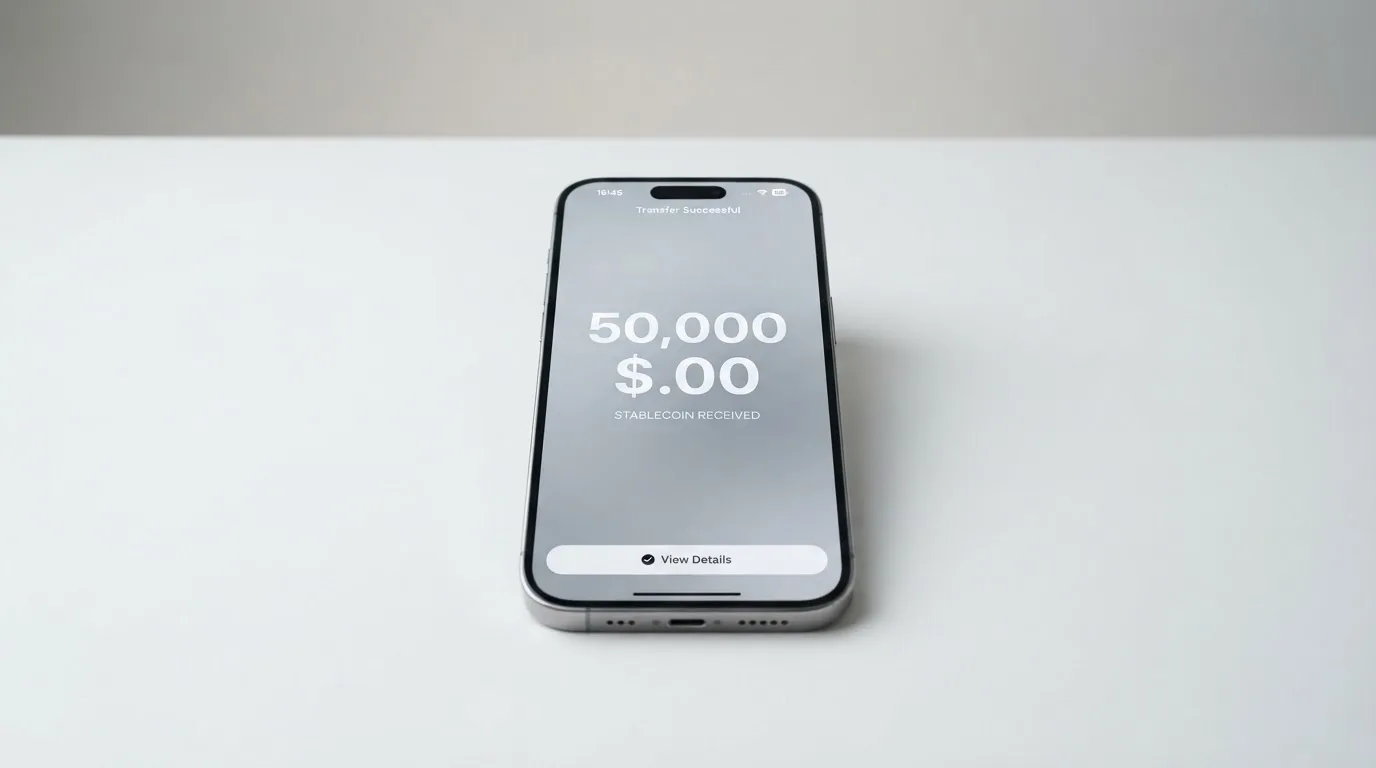 A phone showing a stablecoin transfer screen