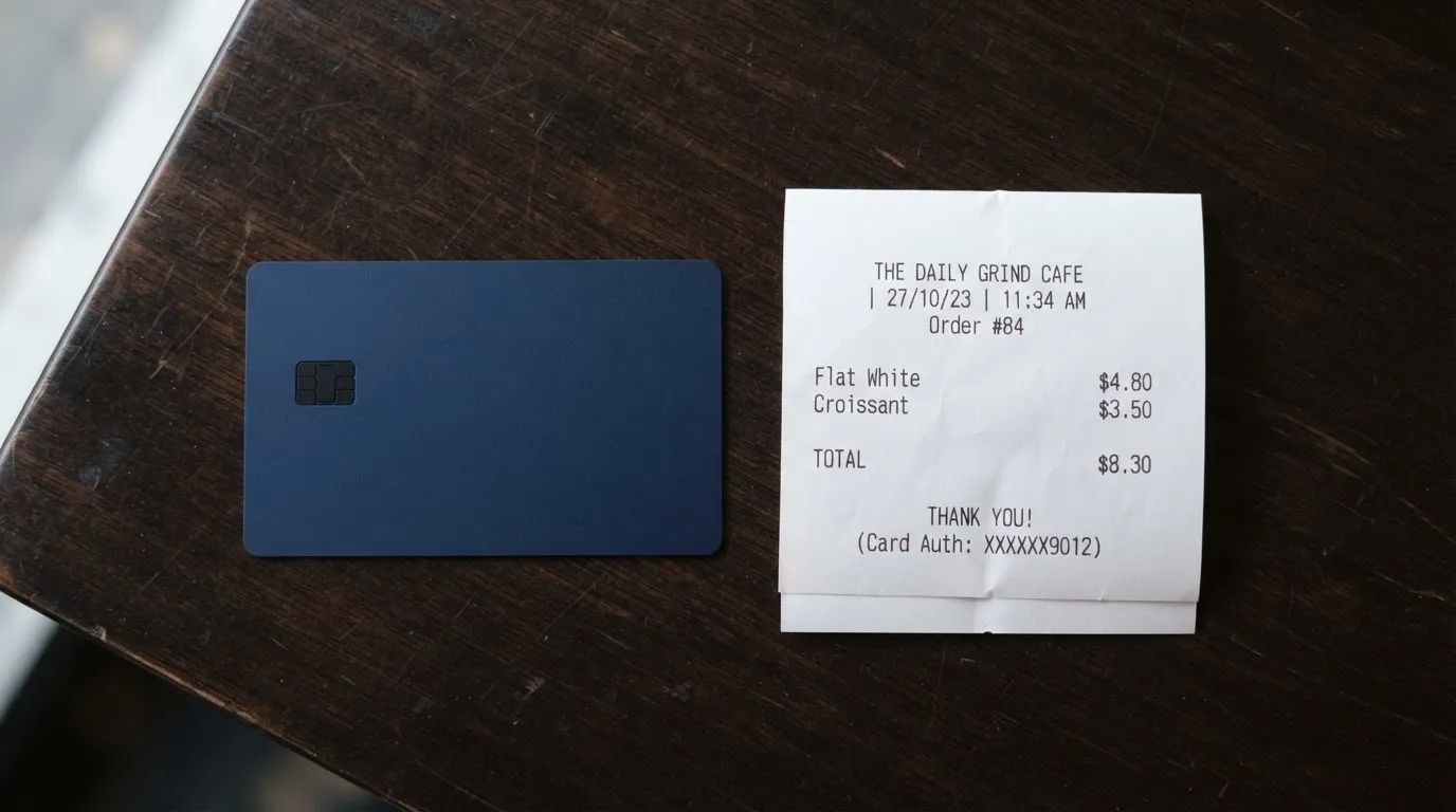 A receipt and a card on a café table