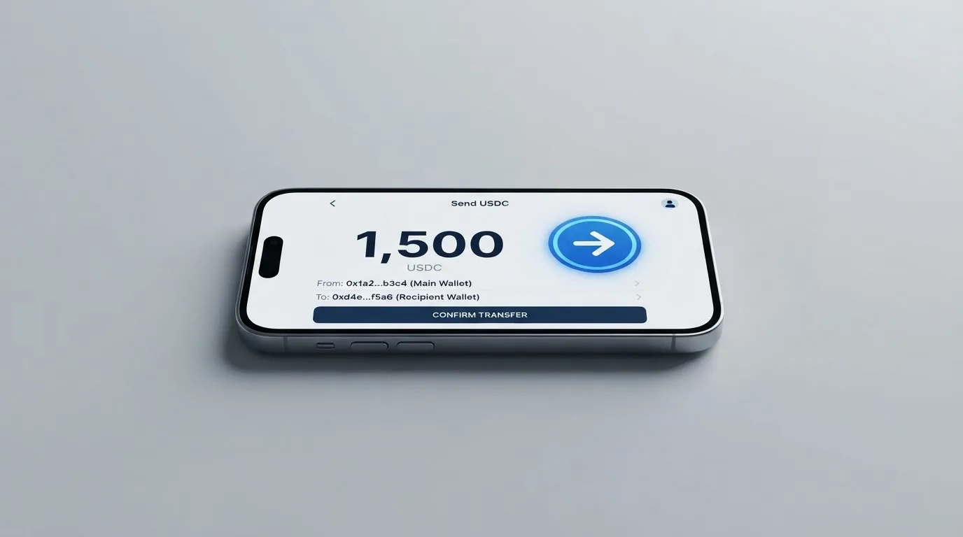 A phone showing a stablecoin transfer screen