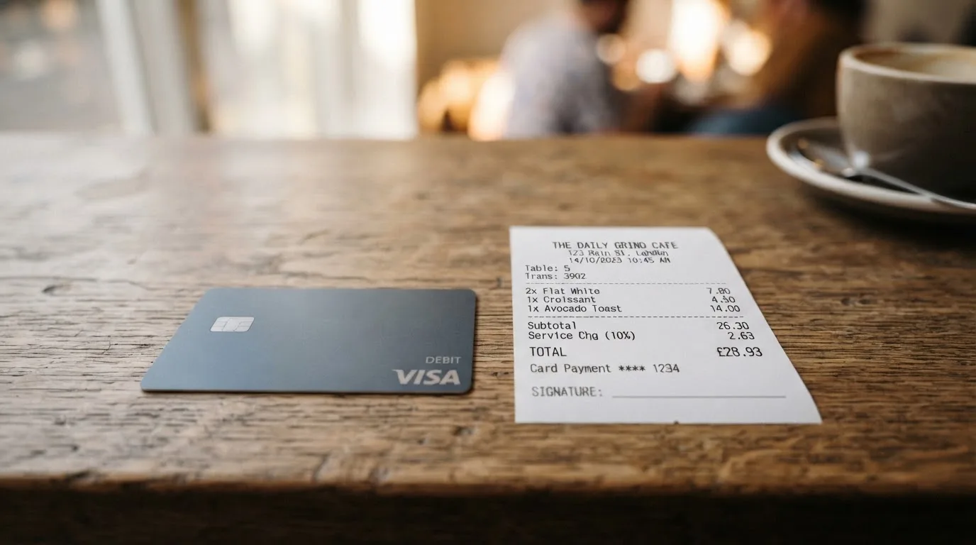 A receipt and a card on a café table