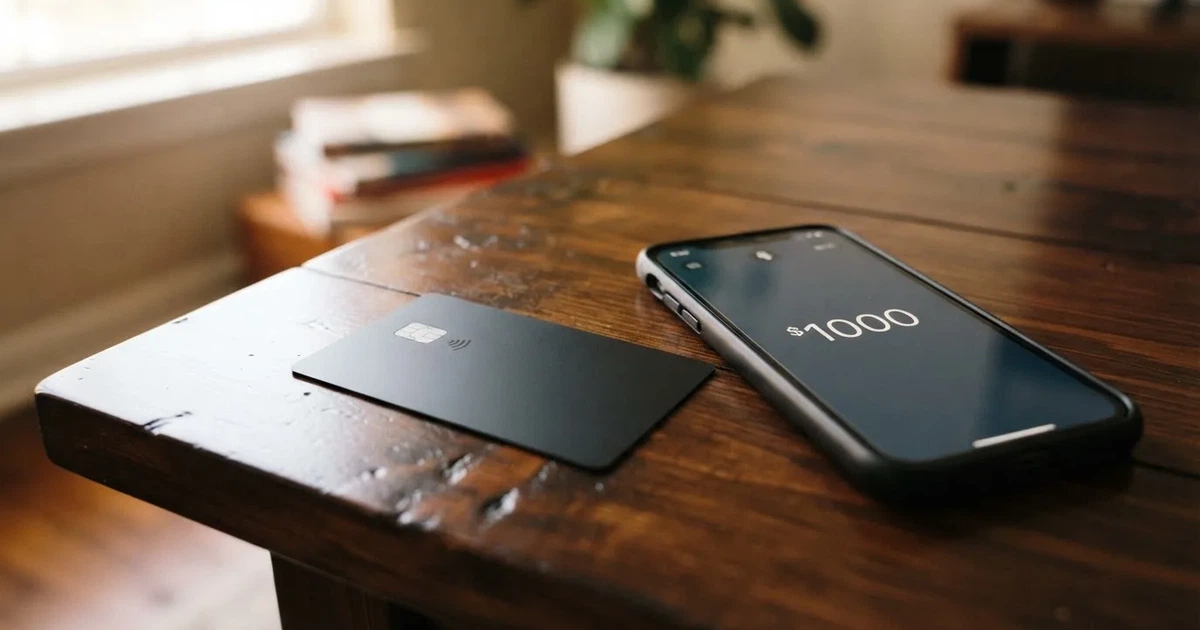 A payment card next to a phone with a crypto wallet app open