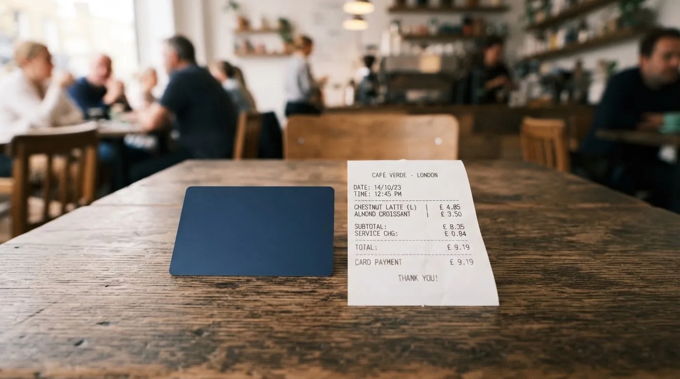 A receipt and a card on a café table