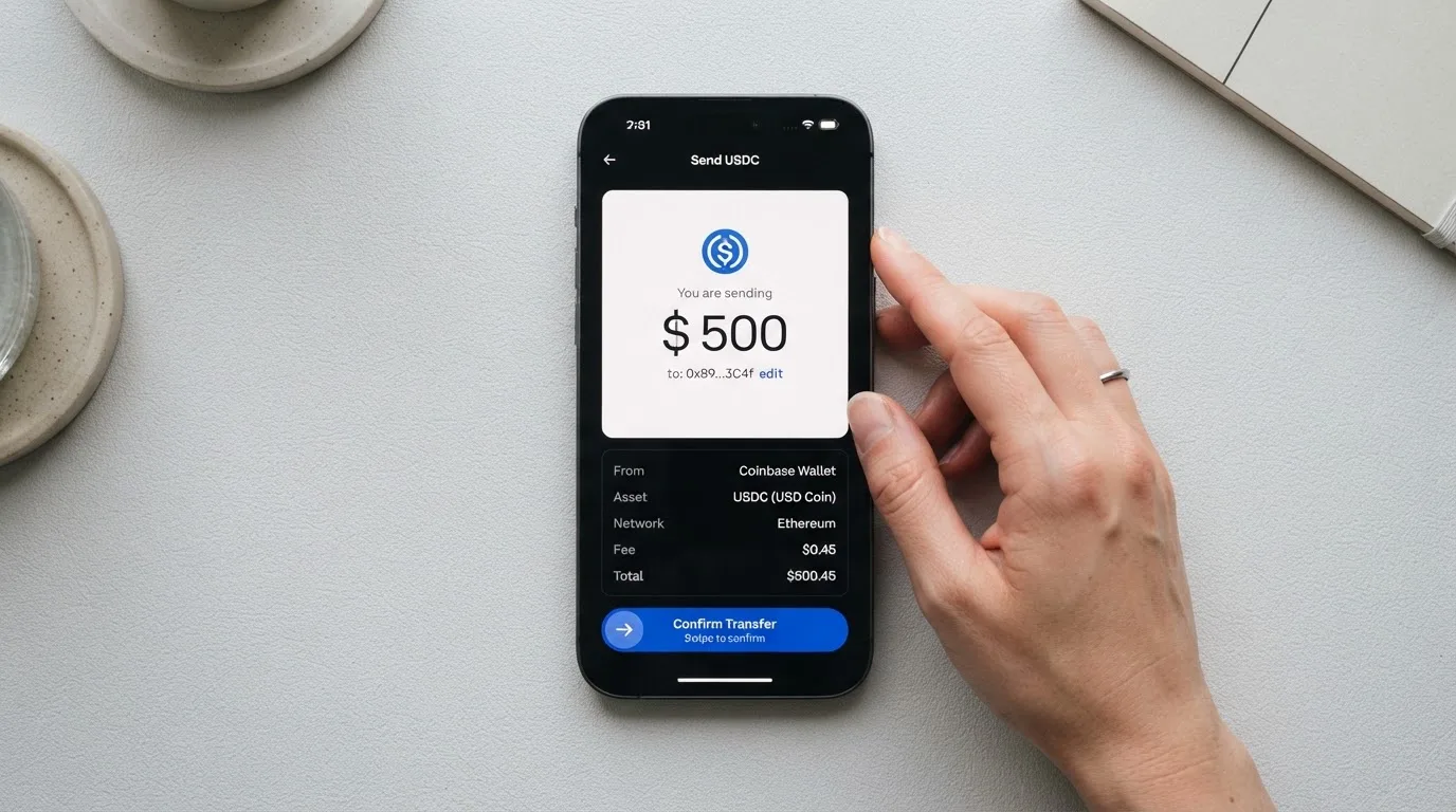 A phone showing a stablecoin transfer screen