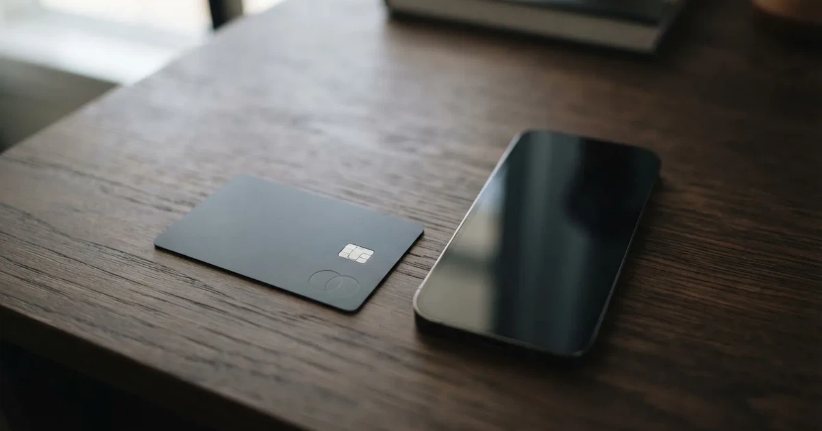 A payment card next to a phone with a crypto wallet app open
