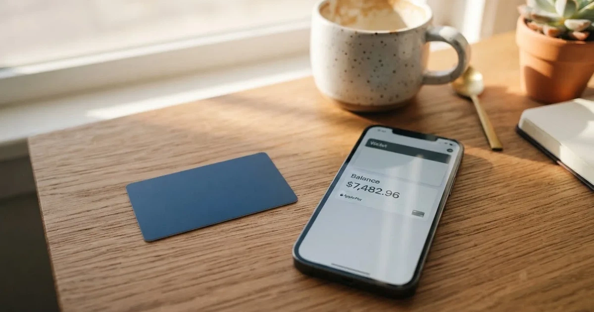 A payment card next to a phone with a crypto wallet app open