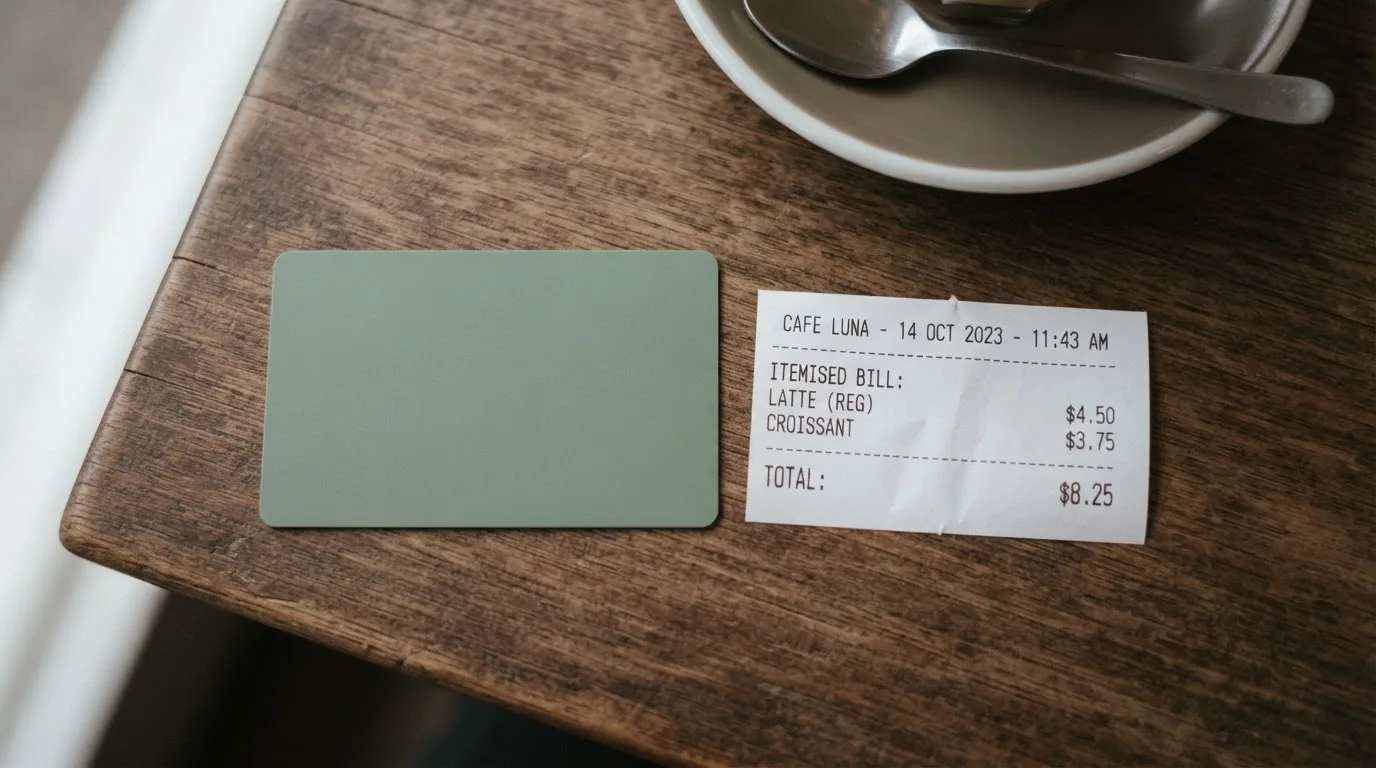 A receipt and a card on a café table