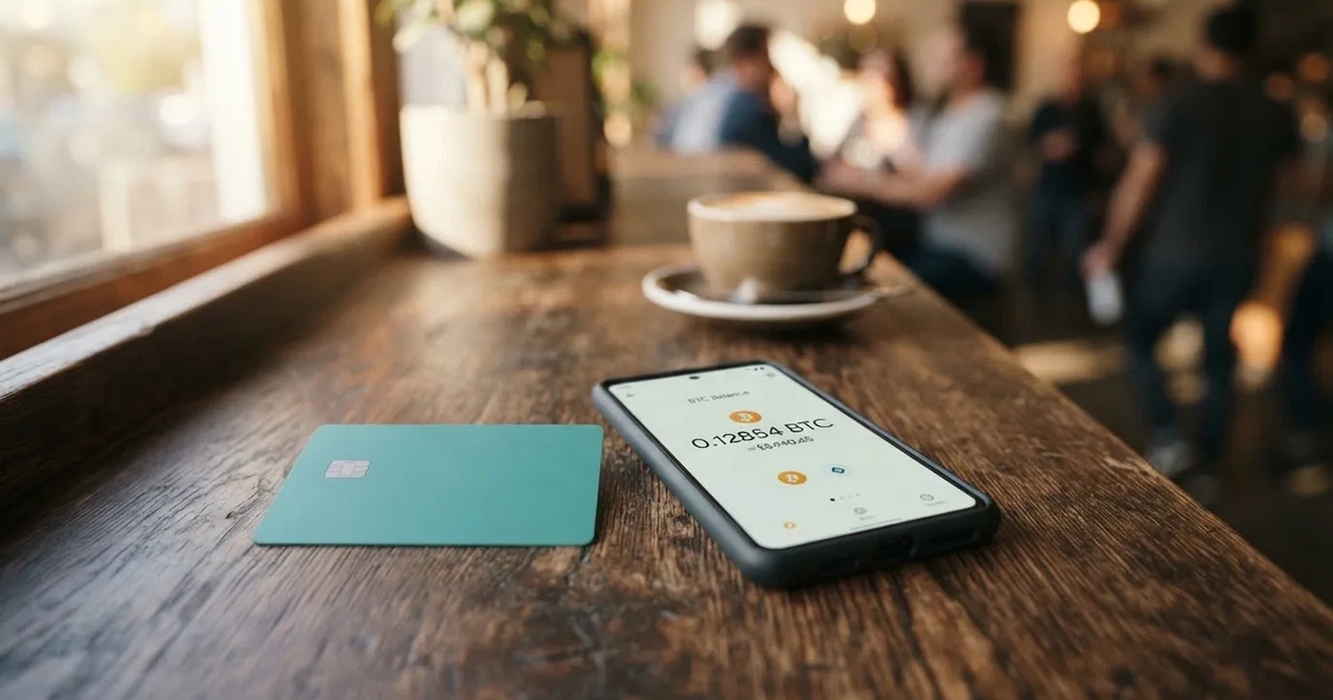 A payment card next to a phone with a crypto wallet app open