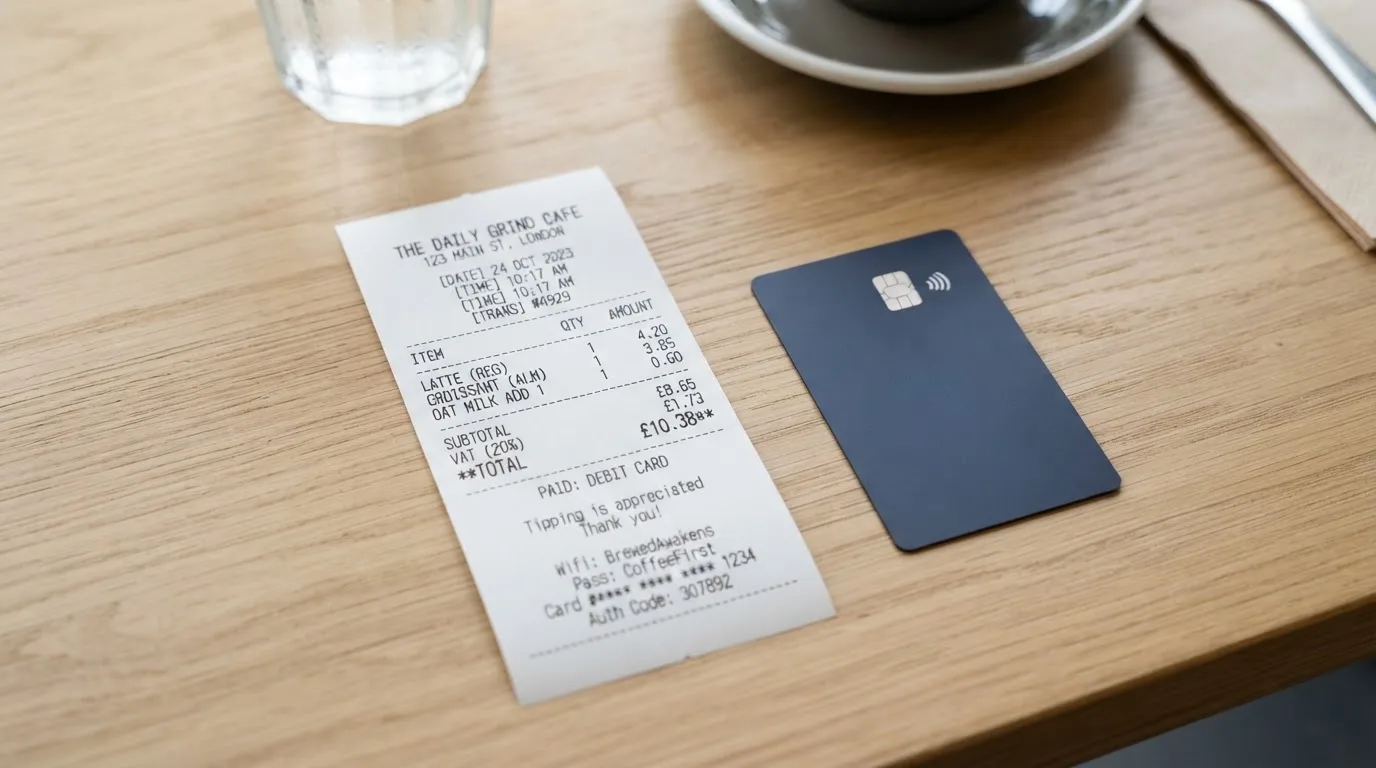 A receipt and a card on a café table