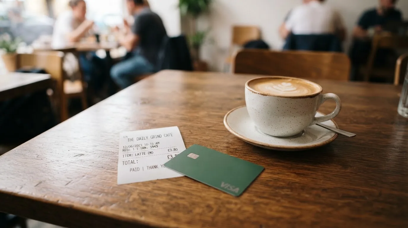 A receipt and a card on a café table