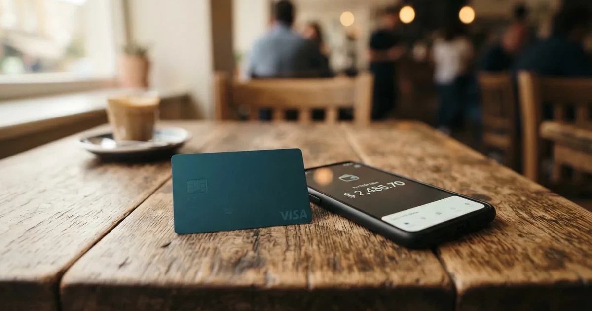A payment card next to a phone with a crypto wallet app open
