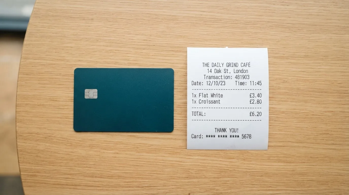 A receipt and a card on a café table