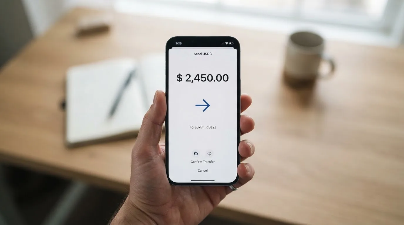 A phone showing a stablecoin transfer screen