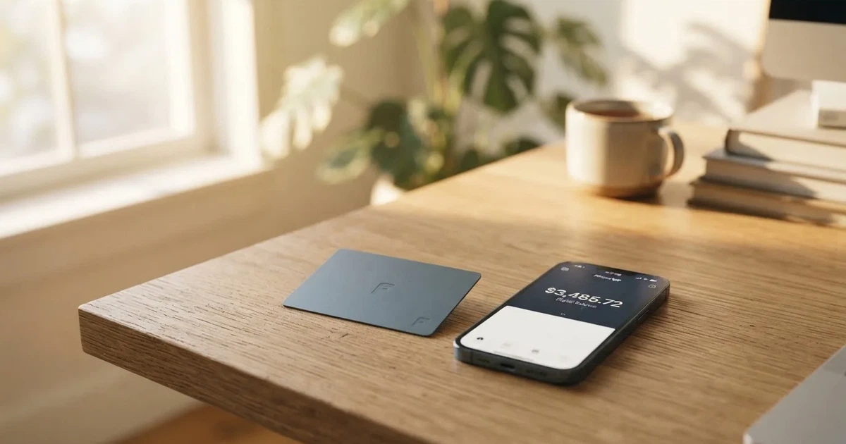 A payment card next to a phone with a crypto wallet app open