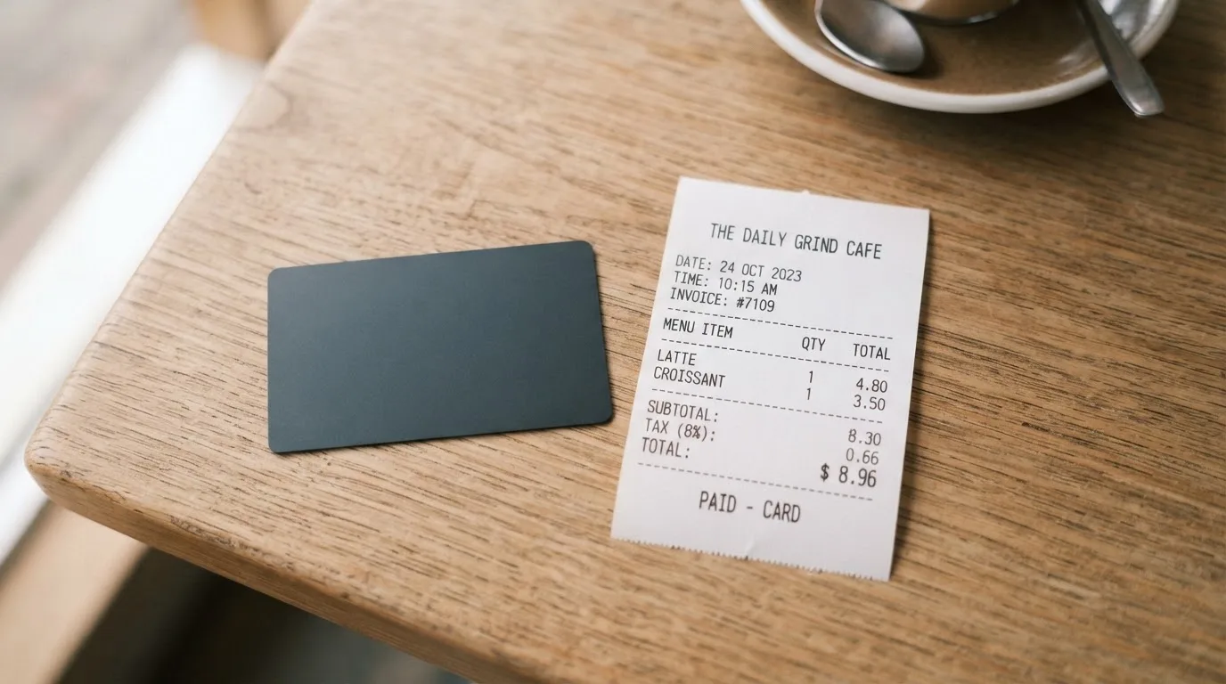 A receipt and a card on a café table