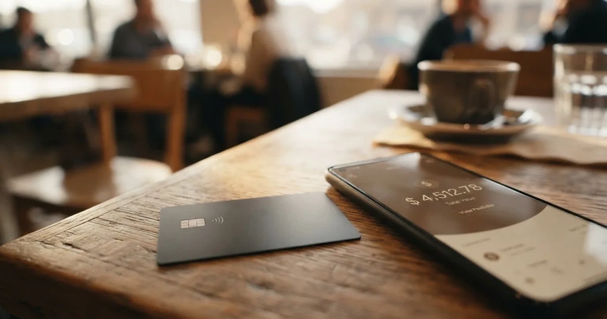 A payment card next to a phone with a crypto wallet app open