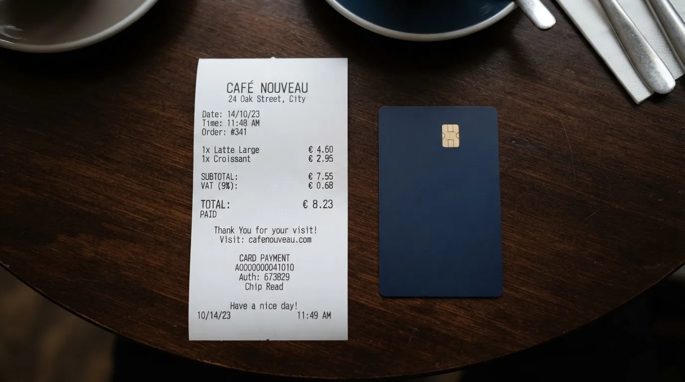 A receipt and a card on a café table