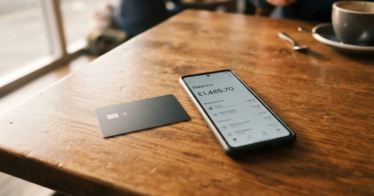 A payment card next to a phone with a crypto wallet app open
