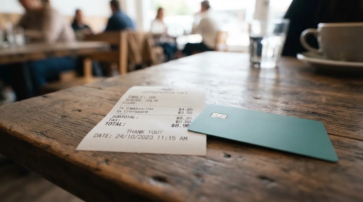 A receipt and a card on a café table