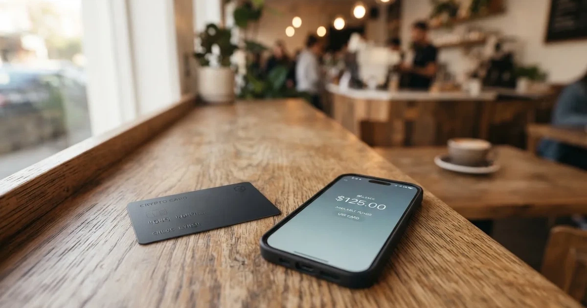 A payment card next to a phone with a crypto wallet app open