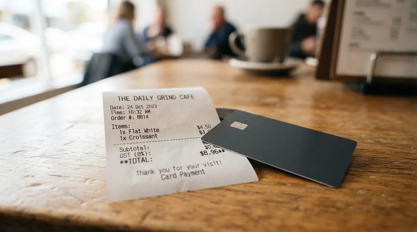 A receipt and a card on a café table