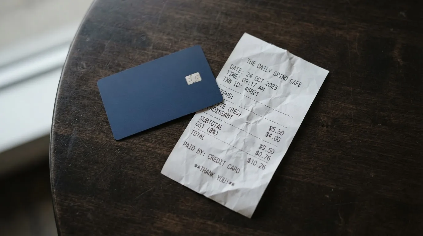 A receipt and a card on a café table