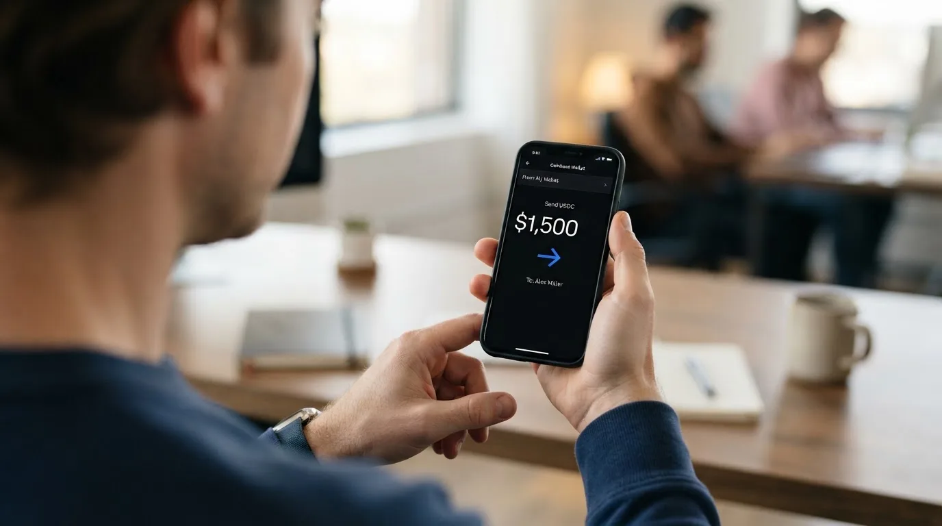 A phone showing a stablecoin transfer screen