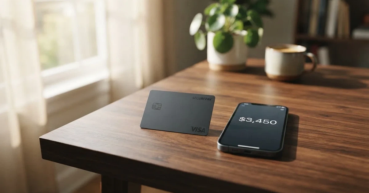 A payment card next to a phone with a crypto wallet app open