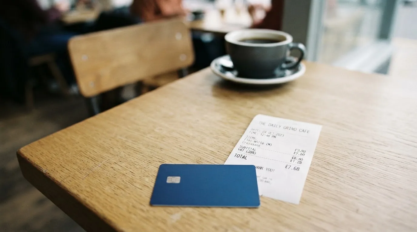 A receipt and a card on a café table