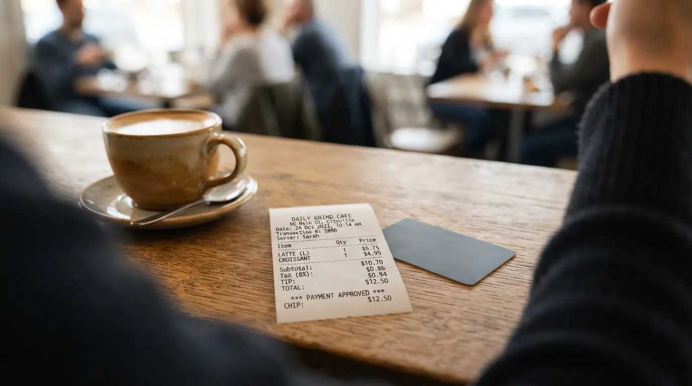 A receipt and a card on a café table