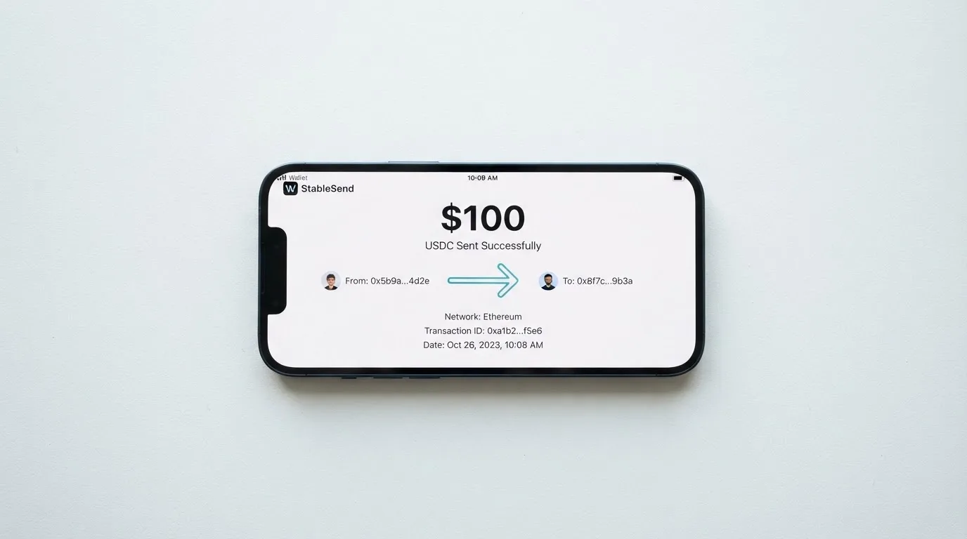 A phone showing a stablecoin transfer screen