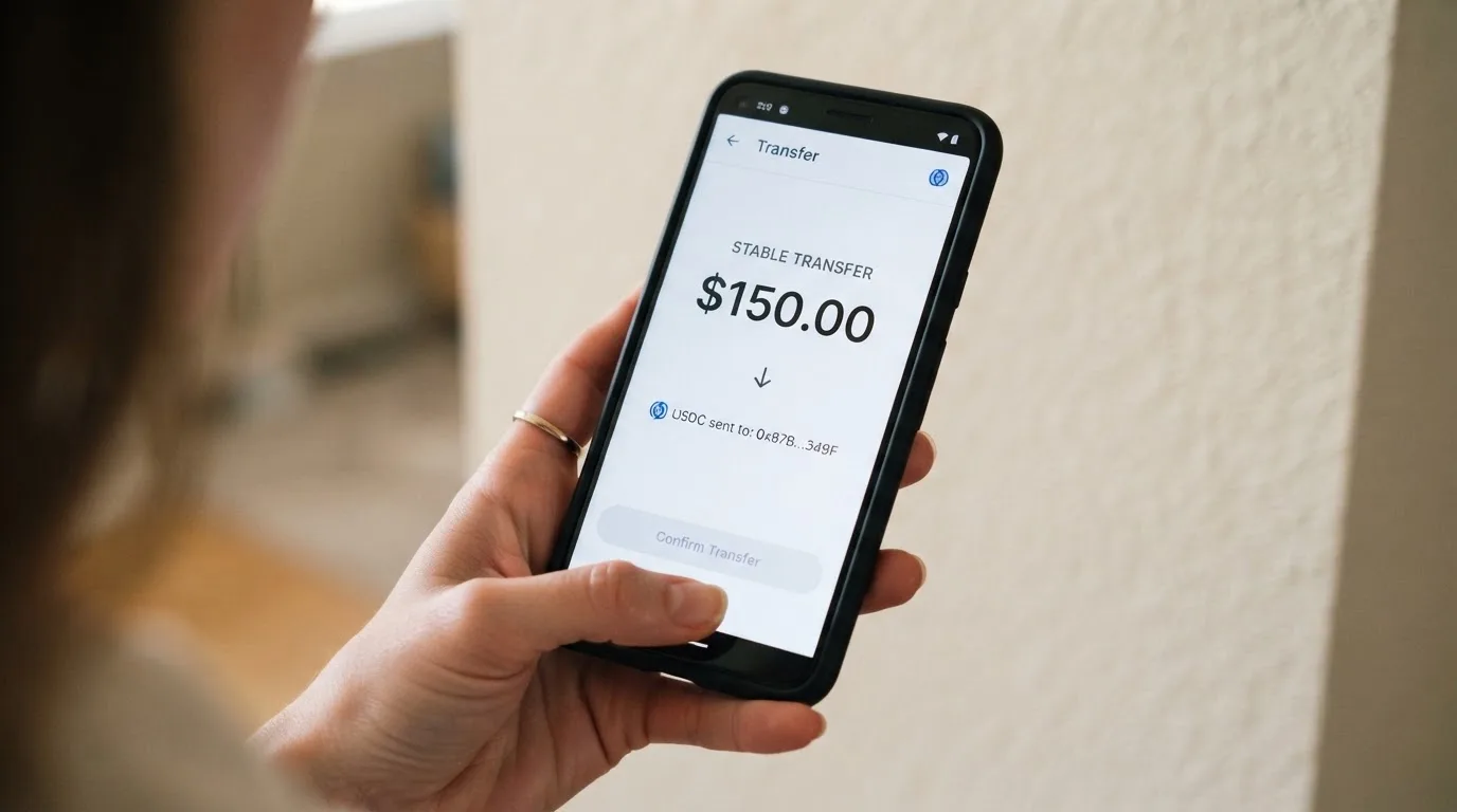 A phone showing a stablecoin transfer screen