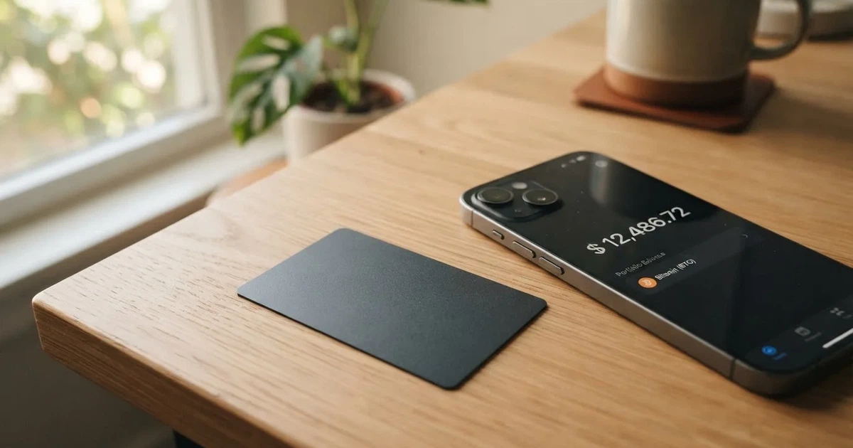 A payment card next to a phone with a crypto wallet app open