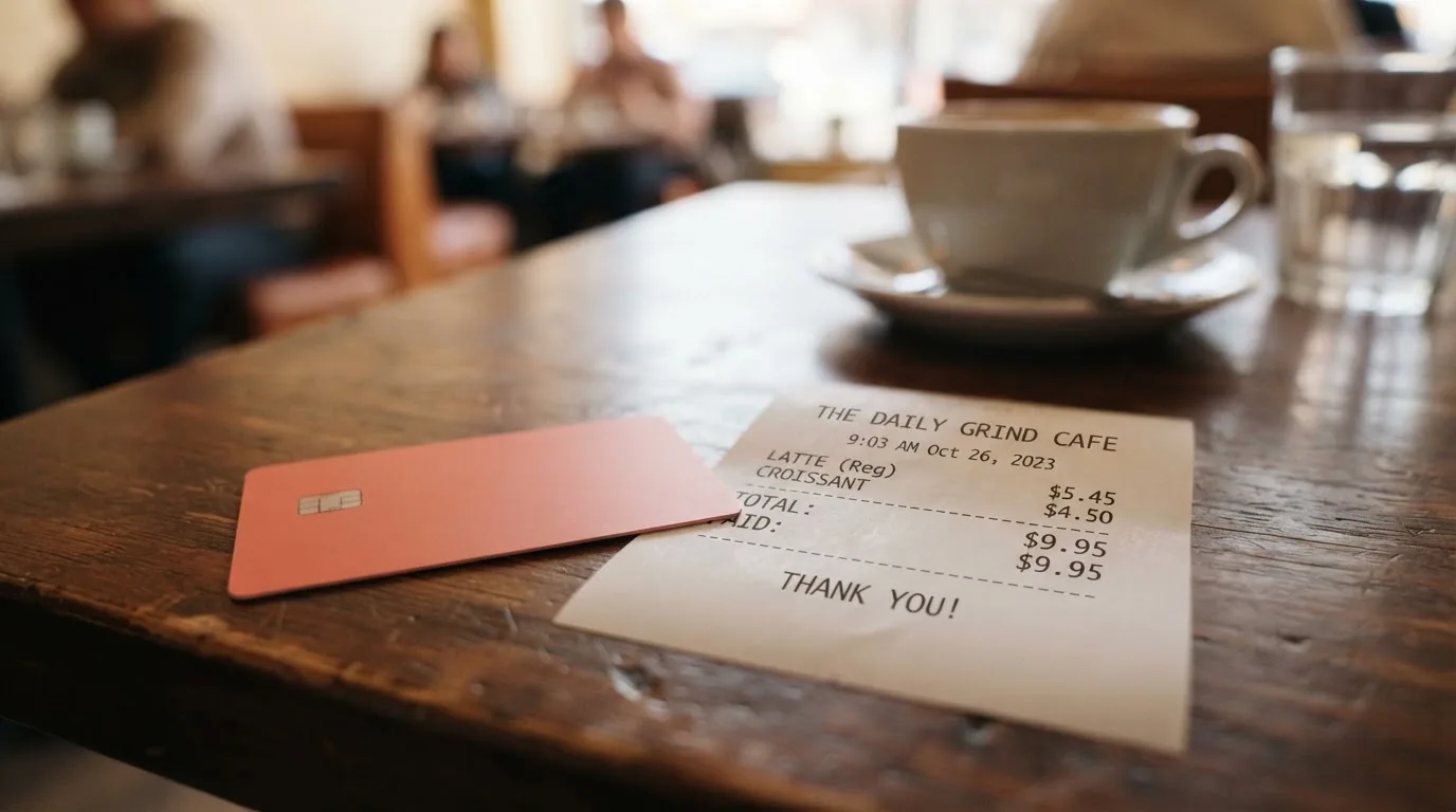 A receipt and a card on a café table