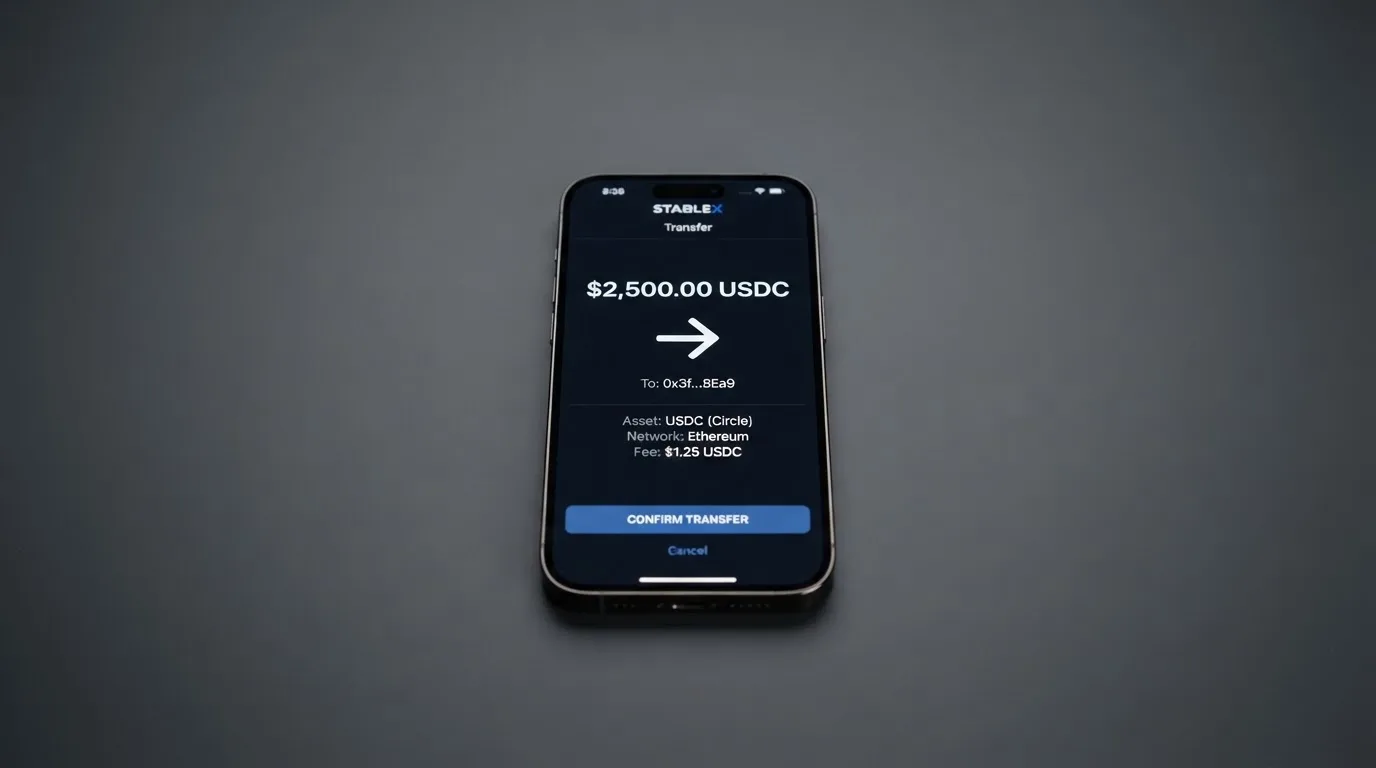 A phone showing a stablecoin transfer screen