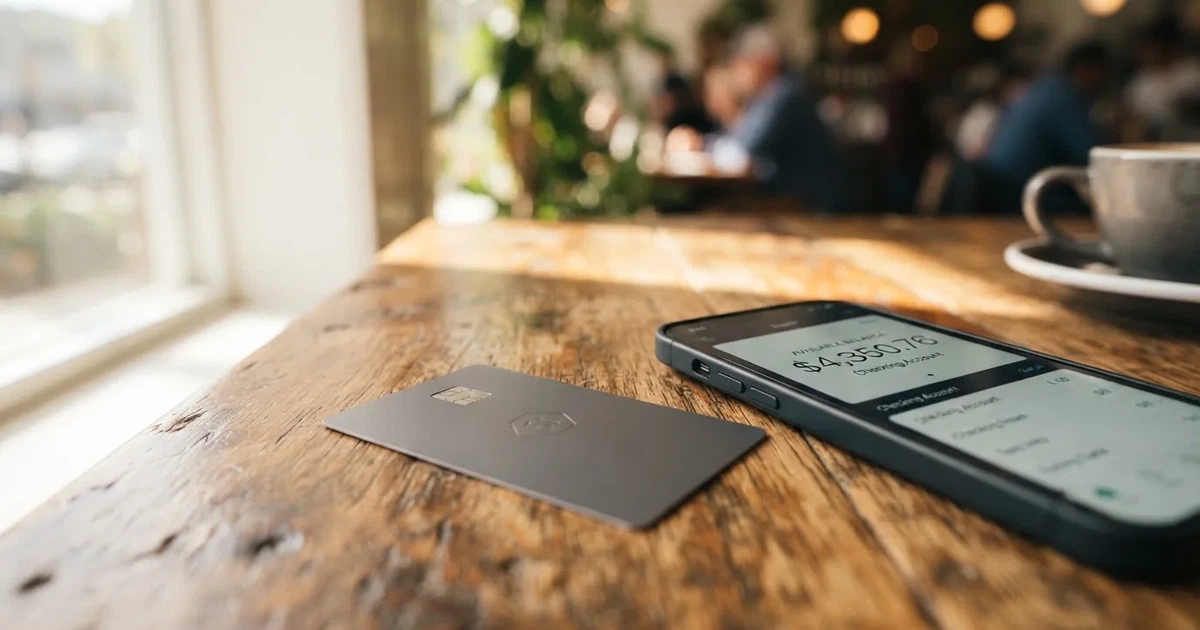 A payment card next to a phone with a crypto wallet app open