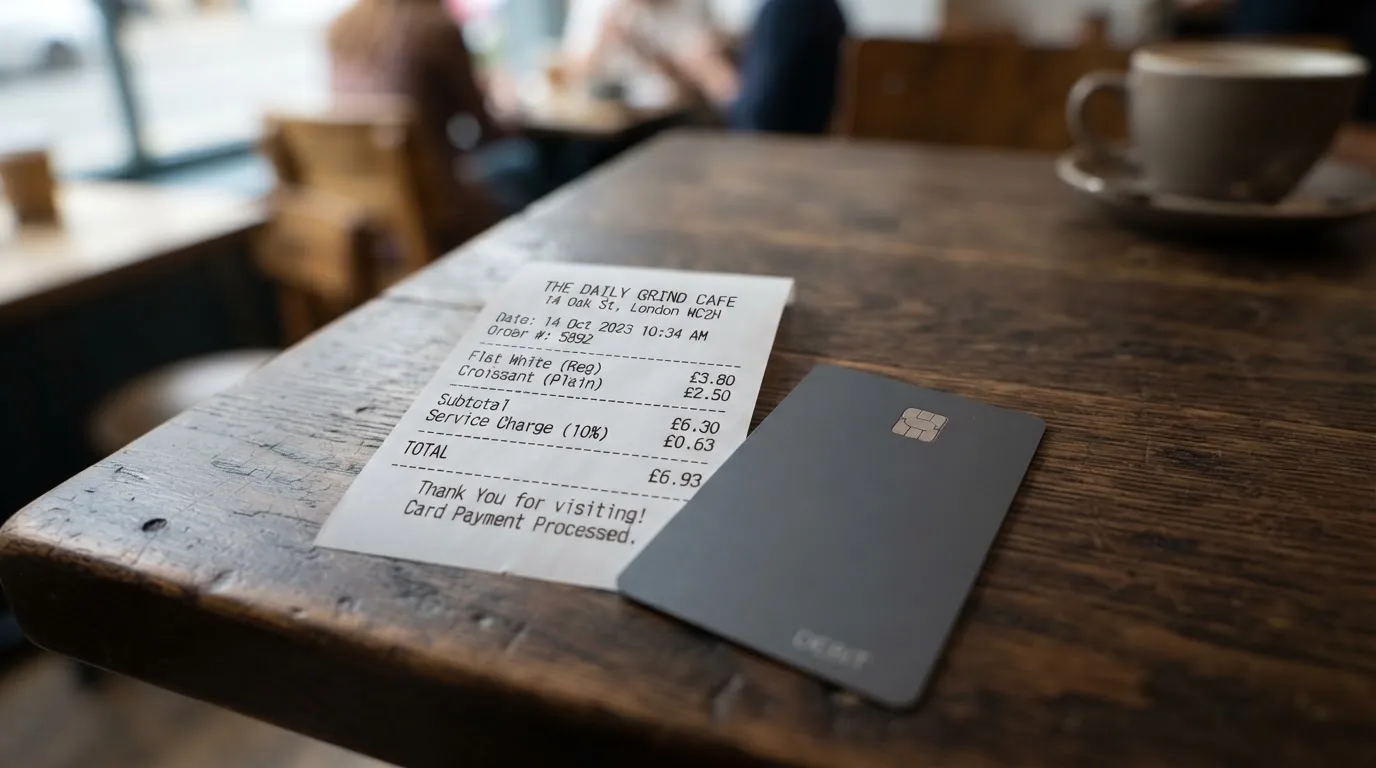 A receipt and a card on a café table