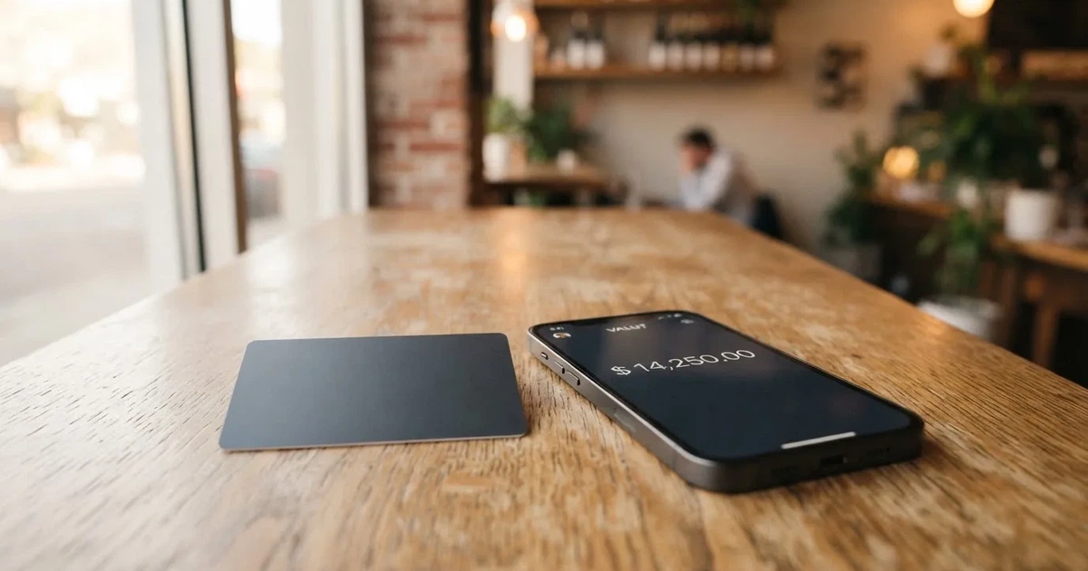 A payment card next to a phone with a crypto wallet app open