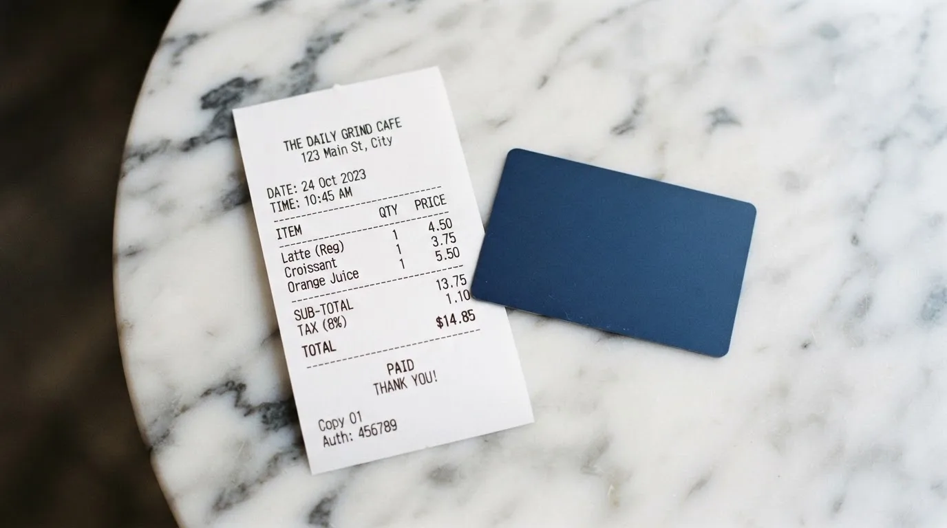 A receipt and a card on a café table