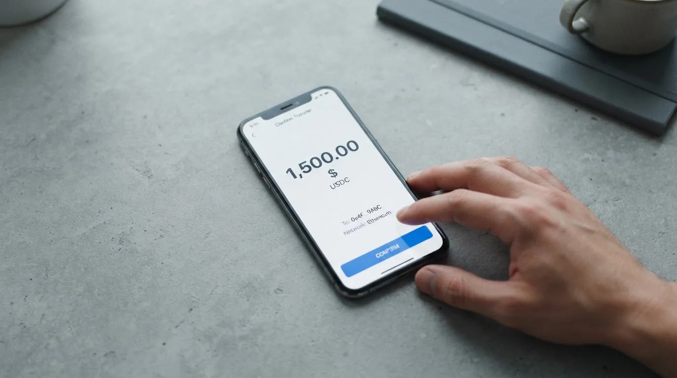 A phone showing a stablecoin transfer screen